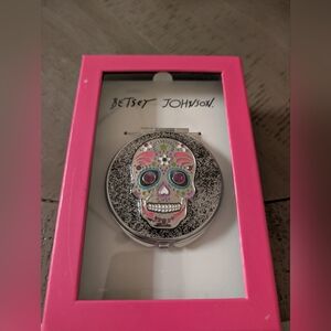 Betsey Johnson Silver Sugar Skull Compact Mirror with Pink Accents